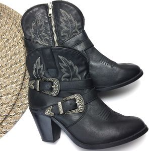 Indigo Blue Black Cowboy Ankle Boot